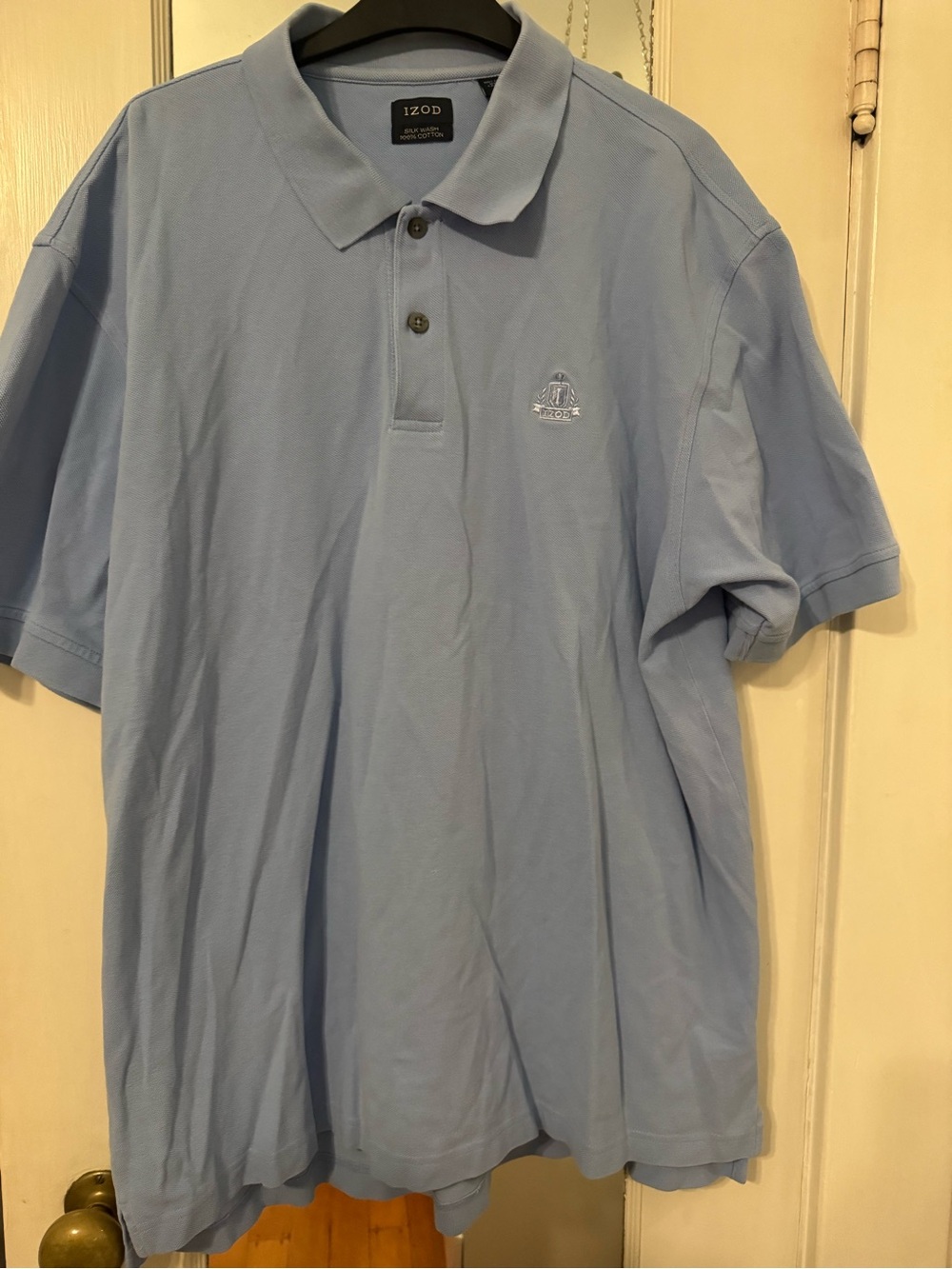 IZOD Silk Wash 100% Cotton Polo Shirt Light Blue Crest Logo Size XL